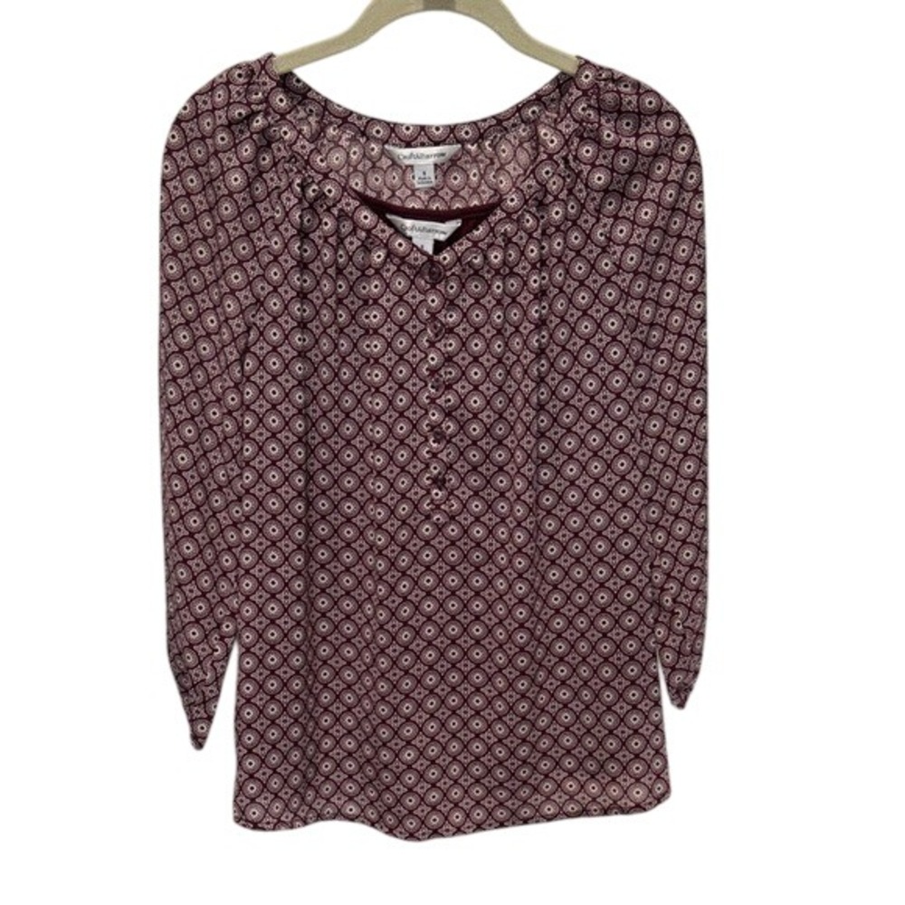 Croft & Barrow Blouse Top Size S Burgundy White Geometric 3/4 Sleeve